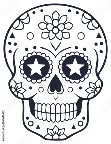 Traditional black and white sugar skull outline with floral and geometric decorations for Day of the Dead