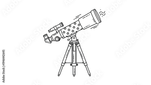 Detailed line art illustration of a astronomical telescope on a tripod stand decorated with stars for star gazing and science.
