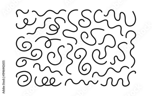 Hand drawn curved lines. Abstract squint line texture. Minimalist doodle curved decorative elements. Cyclic line looping. Wavy editable stroke. Black vector illustration.