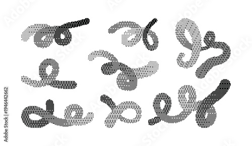 Abstract bitmap effect wavy lines. Pixel fluid shapes set. Black waves pixelated y2k elements for poster banner card. Vector illustration. Retro 8 bit texture concept.