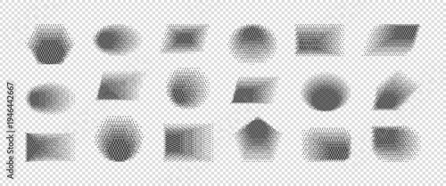 Bitmap shadows black color set. Dither Raster effect circle, square polygon gradient background. Shapes with pixel noise. Retro gradation pixelated texture elements for Y2K poster banner card web.