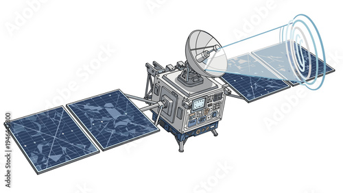 Detailed illustration of a sophisticated scientific satellite with large solar panels and a communications dish for data transmission.