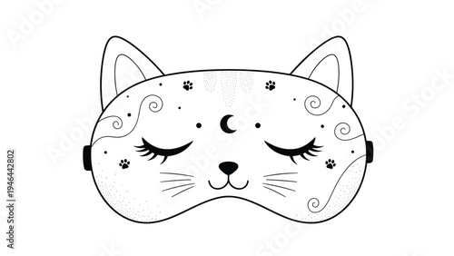 Stylized cat themed sleep mask in line art featuring a moon and star symbols with dainty paw prints and celestial flourishes for rest.