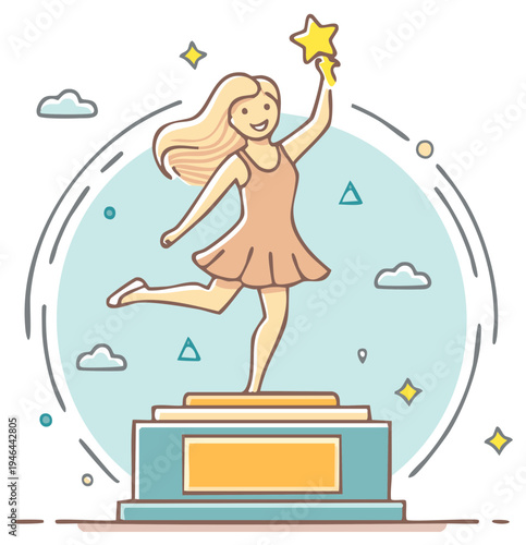 Cartoon illustration of a woman holding a star trophy achieving success and celebrating a triumph in a stylized decorative scene
