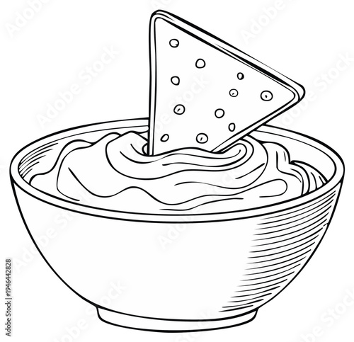 Bowl of dip with tortilla chip, black and white line art illustration