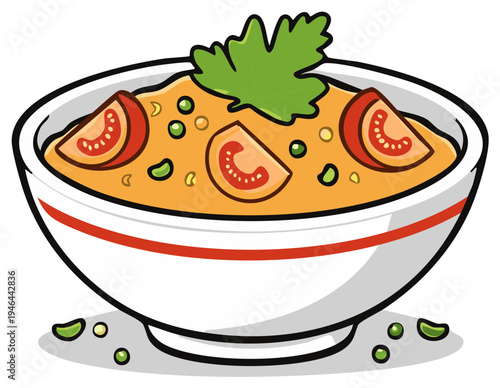 Bowl of Indian Dal Soup Garnished with Fresh Cilantro and Tomato Slices