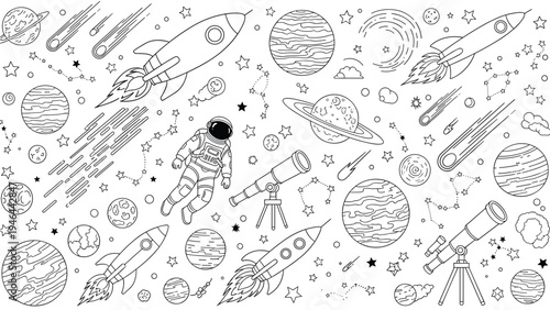 Extensive set of hand drawn space doodles including an astronaut telescopes planets rockets and constellations in a sketchy line art style.