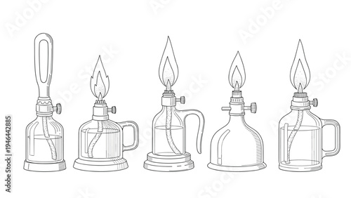 Collection of different laboratory alcohol burner lamps and spirit burners in vintage engraved line art style icons.