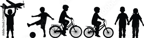 Children silhouettes, toy airplane, soccer ball, bicycle riders, holding hands, playful kids, outdoor activity, childhood fun, friendship vector, flavector