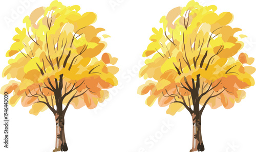 Minimal vector illustration of two autumn trees with yellow orange foliage isolated on light background, decorative nature graphic for design, branding and seasonal themes