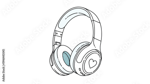 Wireless over-ear headphones with a small heart icon on the side ear cup in simple blue and black line art style.