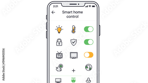 Smartphone displaying smart home control application interface with various device icons for remote management.