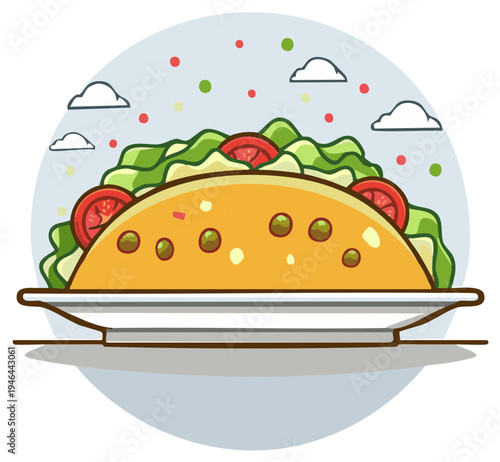 Illustrated Taco with Lettuce, Tomatoes, and Green Peas on a Plate