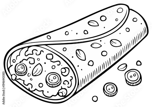 Black and white cartoon illustration of a delicious burrito with fillings and toppings.