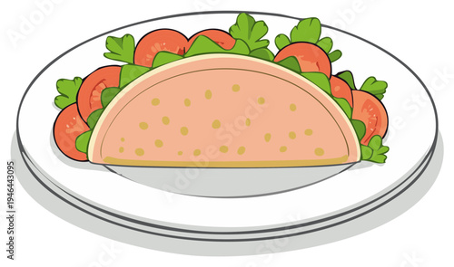 Delicious fresh taco served on plate with tomatoes and green garnish in colorful illustration