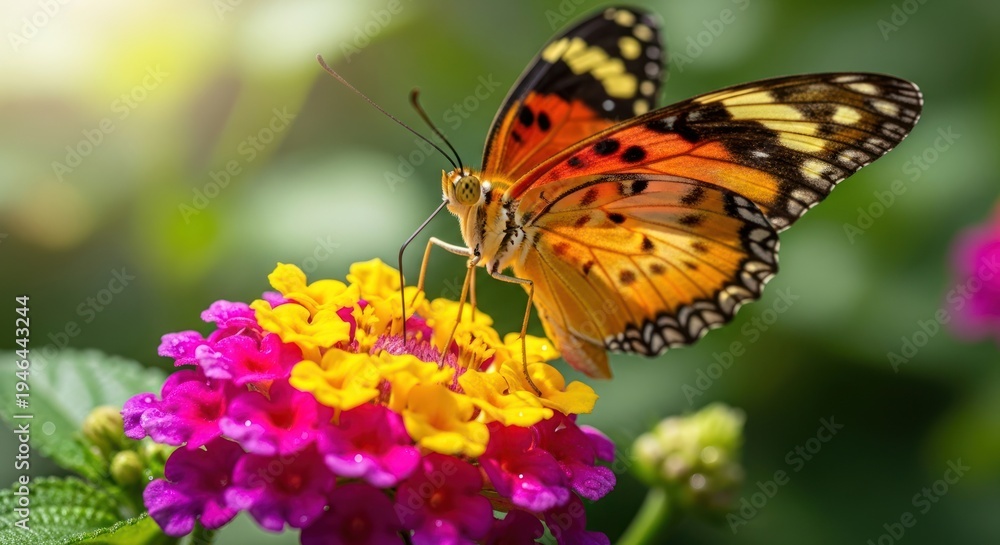 Obraz premium A vibrant orange butterfly with black and white markings on its wings is perched on a small pink and yellow flower, surrounded by green leaves and a blurred background of trees and sky.