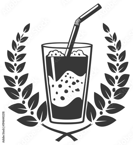 Vector illustration featuring a tall glass with a drink adorned with a laurel wreath.