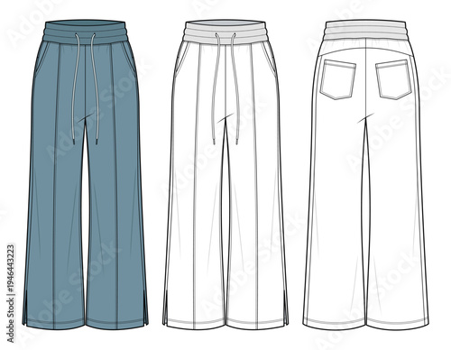 Relaxed Fit Slate Blue Relaxed Lounge Pants Technical Fashion Illustration with Single Side Piping and Elastic Waist. Front and back view CAD mockup set.