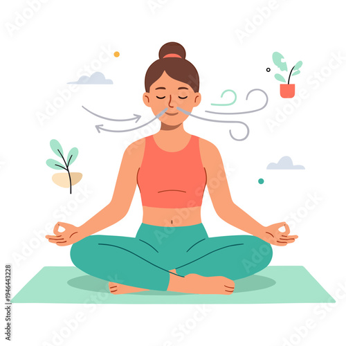 Woman practices yoga meditation outdoors with plants and calm environment