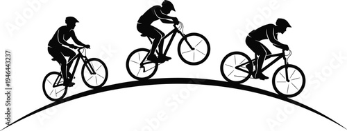 Cycling silhouettes, uphill pedaling, airborne jump, downhill descent, mountain biking, trail riding, dynamic motion, outdoor sport, vector illustration, flavector
