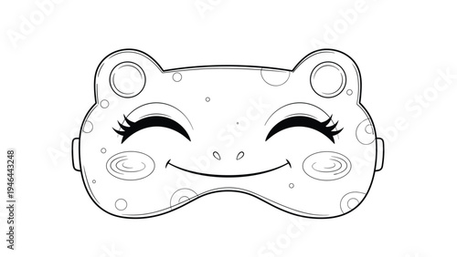 Sleeping eye mask with cute frog face design and big eyes in black and white line art illustration for coloring.