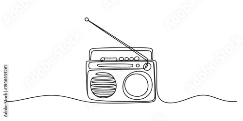 Continuous one line drawing of retro radio player. Vintage radio player in single line draw illustration., One continuous line drawing of retro old classic radio player. Vintage analog