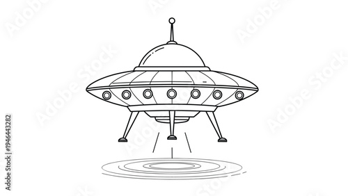 Extraterrestrial flying saucer UFO spacecraft landing on ground in detailed black and white line art illustration.