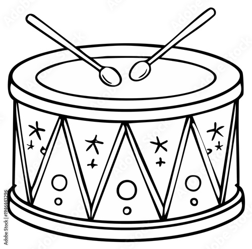 Hand drawn line art illustration of a child's toy drum with drumsticks