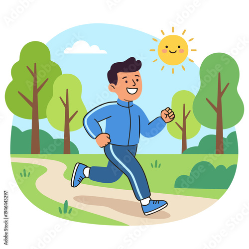 Man jogging on a sunny day in a park with trees and a smiling sun