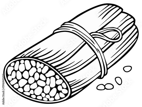 Stylized illustration of a traditional tamale wrapped in corn husks and tied with twine