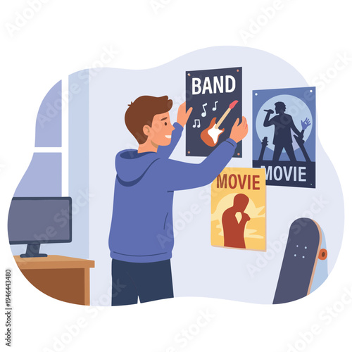 Teenager decorates bedroom wall with music band and movie posters enthusiastically
