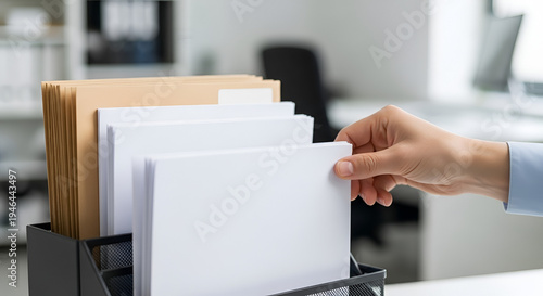 Hand pulls white paper from file holder on office desk for organizing documents for business administration and paperwork management