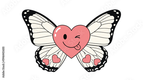 Beautiful butterfly with a winking heart face body and pink heart patterns on wings in cute cartoon style.