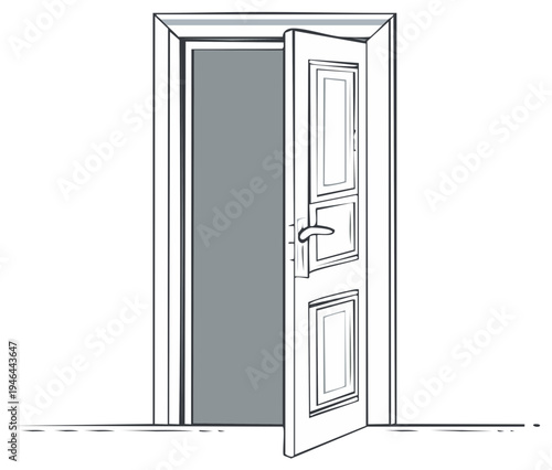 Interior doorway with a partially open white panel door and handle