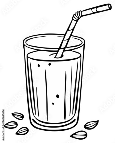 Almond milk in glass with straw surrounded by almonds vector illustration for coloring book page design, outline art, isolated