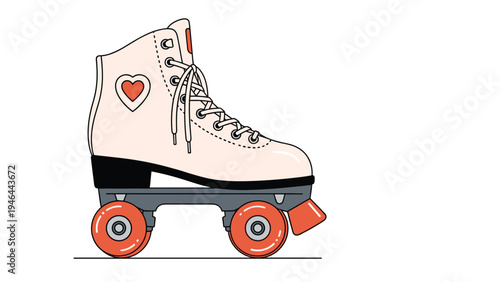 Retro pink roller skate with red wheels and heart icon on side in vintage seventies style colorful illustration.