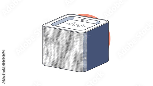 Smart home voice assistant speaker with sound wave display on top in modern blue and orange illustration style.