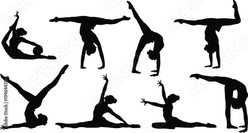 Gymnast silhouettes, dancer poses, acrobatic stances, handstands splits, backbends flexibility, strength balance, fitness movement, artistic sport, vector illustration, flavector