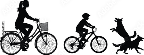 Family cycling silhouettes, woman with basket, child rider helmet, dogs running, outdoor activity, companionship, exercise vector, biking lifestyle, flavector