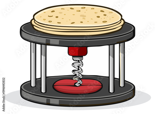 Flatbread dough being pressed flat by a kitchen gadget for cooking