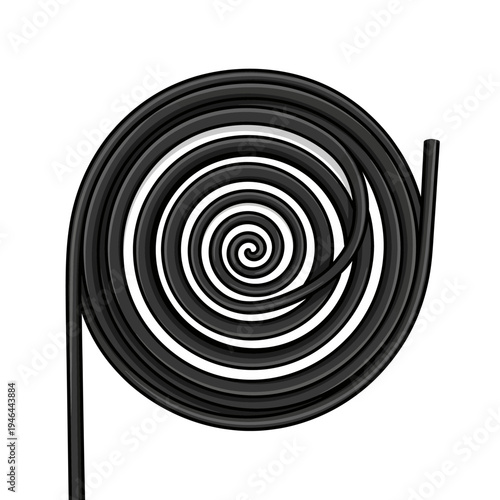 Coiled black cable in spiral shape.