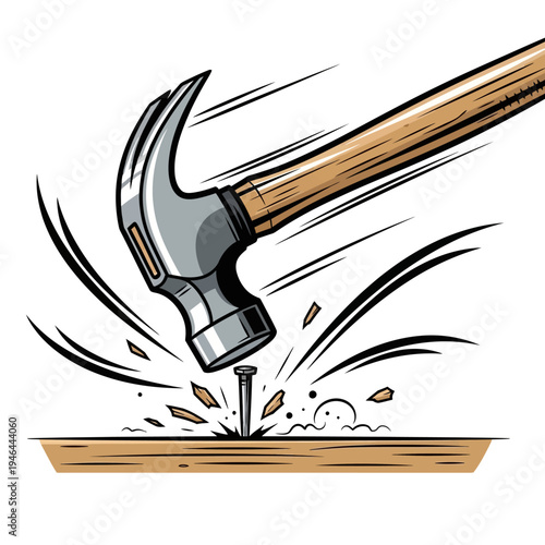 Clipart of hammer hitting nail into wood.