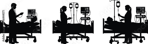 Hospital silhouettes, doctor with stethoscope, nurse checking IV, patient care, medical monitoring, healthcare workers, hospital bed, critical care, flavector