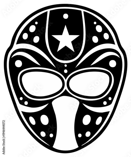 Abstract hockey mask illustration with star and holes Vector Graphic in Black and White for Sport Theme