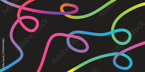 Vibrant multicolored neon light strings on black background