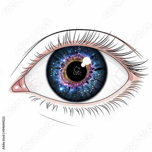 A human eye with a galaxy iris.