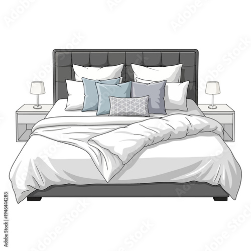 A neatly made bed with pillows and lamps on nightstands.