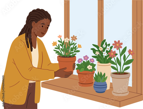 Woman holds potted plant on windowsill surrounded by vibrant flowers indoors.
