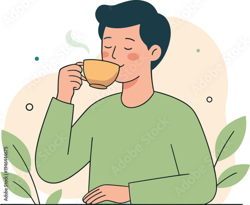 Man enjoys hot beverage in peaceful outdoor setting with plants