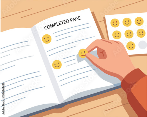 A hand places a smiley sticker on a completed page in an open book on a wooden desk.